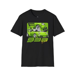 May include: Black t-shirt featuring a green illustration of a Porsche 933 race car. The graphic includes the car's name, model, and the word "Race" in a stylized font. The design is set against a green background.