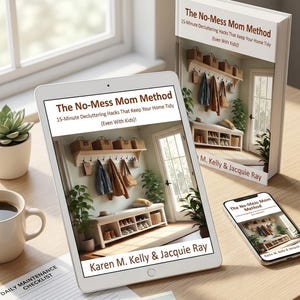 Op de afbeelding: Een tablet, een smartphone en een boek getiteld The No-Mess Mom Method: 15-Minute Decluttering Hacks That Keep Your Home Tidy (Even With Kids)! door Karen M. Kelly & Jacquie Ray, naast een koffiemok en een dagelijkse checklist.