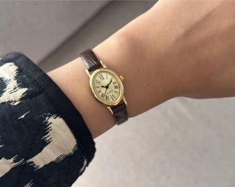 Leather Oval  Women Watch with Brown Leather Strap, Minimal Roman Dial WristwatchMother's Day Gift