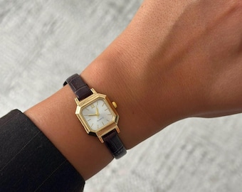 Gold Hexagon Woman Watch: Leather Strap Minimalist Elegant Quartz Wristwatch Gift