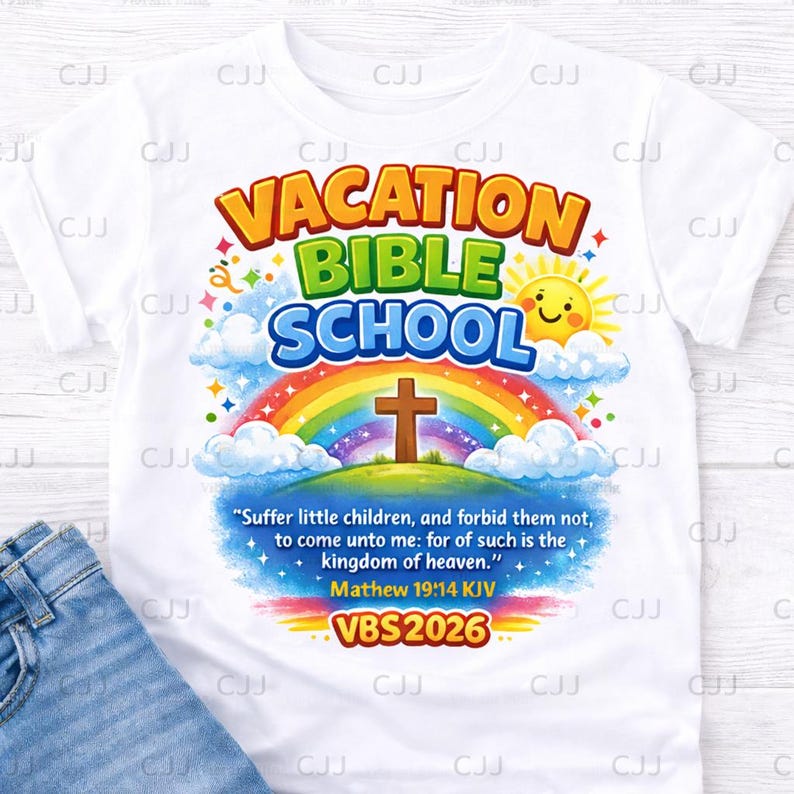Puede incluir: Camiseta blanca con un gr&aacute;fico colorido que promociona la Escuela B&iacute;blica de Vacaciones. El dise&ntilde;o incluye un arco&iacute;ris, un sol sonriente y el texto "VACATION BIBLE SCHOOL". Un vers&iacute;culo b&iacute;blico y "VBS 2026" tambi&eacute;n est&aacute;n impresos.