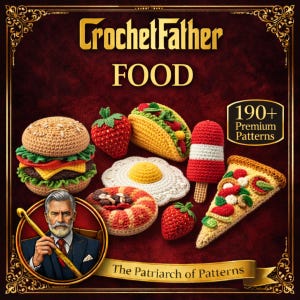 May include: A collection of crocheted food items, including a burger, taco, pizza slice, and ice pop, arranged on a burgundy background. The image features the text "CrochetFather FOOD" and "190+ Premium Patterns". A portrait of a man with a crochet hook is in the lower left corner.