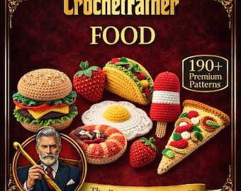 Puede incluir: Una colección de alimentos tejidos a ganchillo, incluyendo una hamburguesa, taco, porción de pizza y helado, dispuestos sobre un fondo burdeos. La imagen presenta el texto "CrochetFather FOOD" y "190+ Premium Patterns". Un retrato de un hombre con un ganchillo está en la esquina inferior izquierda.
