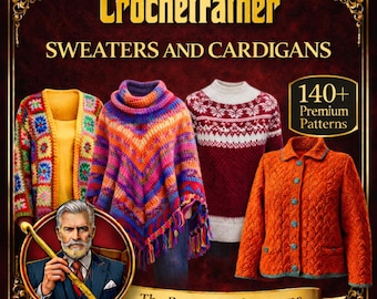 Puede incluir: Anuncio de CrochetFather con varios suéteres y cárdigans. La imagen muestra un cárdigan colorido, un poncho, un suéter rojo y blanco y un cárdigan naranja abotonado. El texto dice "Sweaters and Cardigans" y "140+ Premium Patterns".