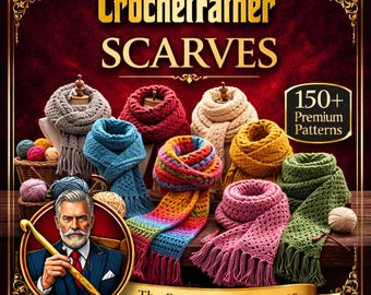 Puede incluir: Una colección de bufandas de ganchillo en varios colores, incluyendo azul, rojo, beige, amarillo, rosa y verde, exhibidas con una cesta de ovillos de lana. El texto dice CrochetFather SCARVES, 150+ Premium Patterns y The Patriarch of Patterns.