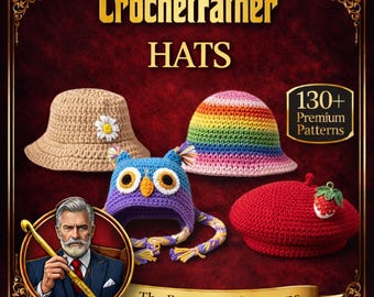 Puede incluir: Imagen de cuatro sombreros de ganchillo: un sombrero de pescador beige con una margarita blanca, un sombrero a rayas arcoíris, un sombrero de búho azul y una boina roja con una fresa. El texto "CrochetFather HATS" se muestra en la parte superior.