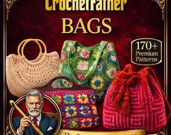 Puede incluir: Imagen que muestra una colección de bolsos de ganchillo en varios estilos y colores. Los bolsos incluyen un bolso tote beige con asas de madera, un bolso verde con estampado floral, un bolso rosa y multicolor con estampado cuadrado y un bolso rojo con cordón. Se muestra el texto "CrochetFather BAGS".