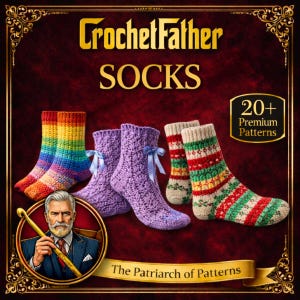 May include: An advertisement for CrochetFather socks. The image shows various pairs of knitted socks in vibrant colours, such as rainbow, purple, and patterned designs. Text includes "CrochetFather SOCKS" and "20+ Premium Patterns". A portrait of a man with a crochet hook is also present.