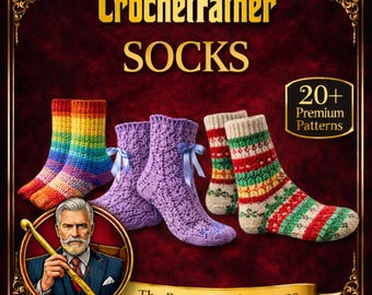May include: An advertisement for CrochetFather socks. The image features several pairs of colorful, knitted socks, including rainbow, purple, and patterned designs. Text includes "CrochetFather SOCKS" and "20+ Premium Patterns". A portrait of a man with a crochet hook is also present.
