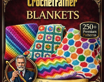 May include: An image showcasing a collection of colorful crochet blankets. The blankets feature various patterns, including rainbow stripes, floral squares, and geometric designs. The text "CrochetFather BLANKETS" is displayed at the top, with "250+ Premium Patterns" and "The Patriarch of Patterns" also visible.
