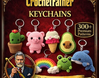 Puede incluir: Una colección de llaveros de ganchillo con formas variadas, como un cactus, un cerdo, un helado, un aguacate, un arcoíris, una rana y un delfín. El texto "CrochetFather KEYCHAINS" aparece en la parte superior, con "300+ Premium Patterns" en la esquina.