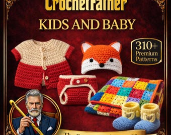 Puede incluir: Un anuncio de CrochetFather con artículos de bebé de ganchillo. La imagen incluye una rebeca roja y crema, un gorro de zorro, una braguita, una manta colorida y botines azules. El texto dice "CrochetFather KIDS AND BABY" y "310+ Premium Patterns."