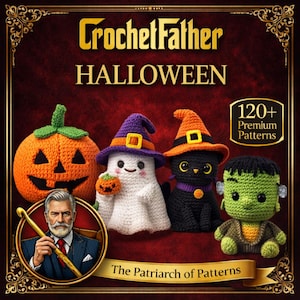 May include: An advertisement for CrochetFather Halloween patterns. The image shows crocheted Halloween characters: a pumpkin, a ghost, a black cat, and Frankenstein's monster. The text "CrochetFather Halloween" is at the top, with "120+ Premium Patterns" in the corner.