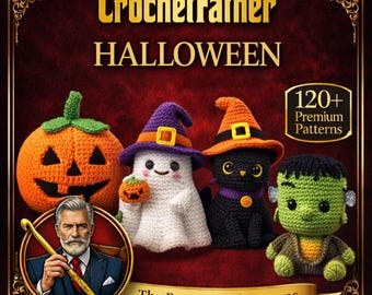 Puede incluir: Imagen promocional de patrones de CrochetFather Halloween. La imagen presenta figuras de Halloween tejidas a ganchillo: una calabaza, un fantasma, un gato negro y el monstruo de Frankenstein. El texto "CrochetFather Halloween" está en la parte superior, con "120+ Premium Patterns" en la esquina.