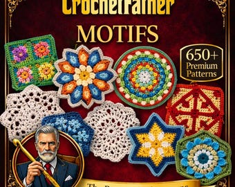 Puede incluir: Una colección de coloridos motivos de ganchillo en varias formas, incluyendo cuadrados, círculos y estrellas. La imagen presenta el texto "CrochetFather MOTIFS" y "650+ Premium Patterns". También se incluye un retrato de un hombre con un ganchillo.