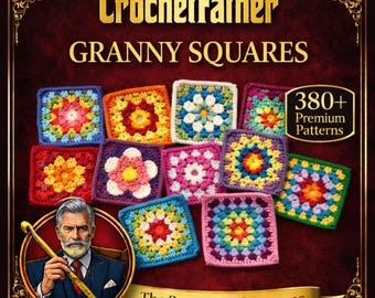 Puede incluir: Imagen promocional de "CrochetFather Granny Squares" que muestra una colección de coloridos cuadrados de la abuela hechos a mano. La imagen incluye el texto "380+ Premium Patterns" y una ilustración de un hombre con un ganchillo. El diseño está enmarcado con un borde decorativo.