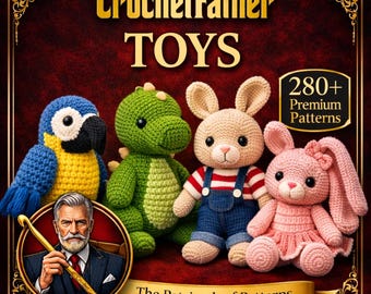 Puede incluir: Una colección de juguetes de ganchillo hechos a mano, incluyendo un loro azul, un dinosaurio verde y dos conejos. La imagen muestra el texto "CrochetFather TOYS" y "280+ Premium Patterns". También se incluye un retrato de un hombre con un ganchillo.