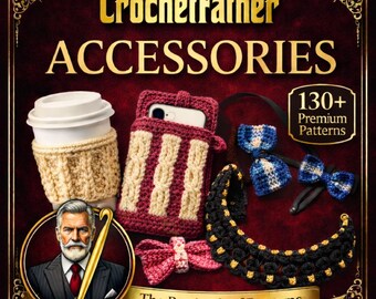 Puede incluir: Un anuncio de accesorios CrochetFather. La imagen presenta una funda para taza de café, una funda para teléfono, pajaritas y un collar, todos tejidos a ganchillo. El texto dice "CrochetFather ACCESSORIES" y "The Patriarch of Patterns".