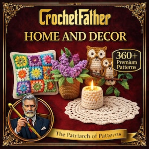 以下が含まれることがあります： 「CrochetFather」の広告。かぎ針編みのホームデコレーションアイテムを紹介。かぎ針編みのクッション、花瓶に入った花、フクロウの置物、キャンドル、ドイリーなどが写っています。「HOME AND DECOR」と「360+ Premium Patterns」の文字。
