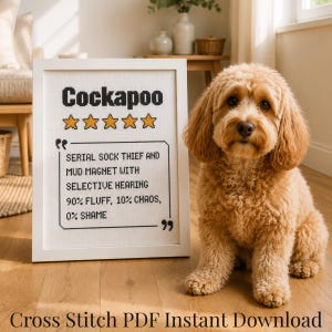 May include: A framed cross-stitch pattern featuring the text Cockapoo, five yellow stars, and a quote: SERIAL SOCK THIEF AND MUD MAGNET WITH SELECTIVE HEARING, 90% FLUFF, 10% CHAOS, 0% SHAME. The design is displayed in a white frame next to a golden dog.