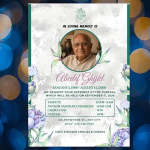 May include: A funeral program template featuring a circular portrait of an elderly person, watercolor floral accents in purple and green, and text including "In Loving Memory Of," "Abcdef Ghijkl," and a schedule of events for September 11, 2026.
