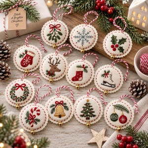 Peut inclure: Une collection de douze décorations rondes en feutrine blanche avec des motifs de Noël brodés, incluant du gui, un flocon, du houx, une moufle, un renne, une chaussette, un patin, une couronne, un sucre d'orge, une cloche, un sapin et des boules.