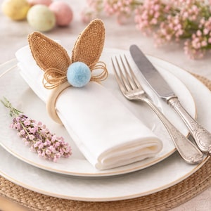Peut inclure: Une serviette blanche pliée est maintenue par un anneau en bois avec un accent d'oreille de lapin en toile de jute et un pompon bleu. Une fourchette et un couteau sont posés sur une assiette blanche avec un bord doré.