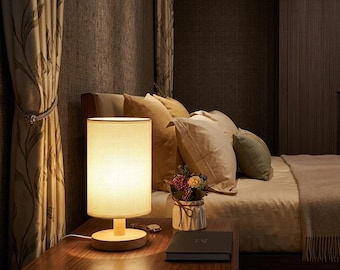 Holz Tischlampe USB Nachttischlampe Nachtlicht mit Stoffschirm Moderne Schreibtischlampe Schlafzimmer Wohnkultur