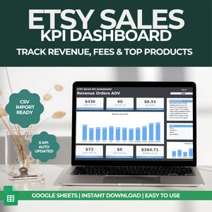 Etsy Sales Dashboard | Google Sheets KPI Tracker for Etsy Sellers | Revenue Fees & Profit | Instant Download