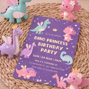 May include: A purple invitation with the text "Dino Princess Birthday Party" is surrounded by toy dinosaurs in various colors. The invitation includes the date, time, and RSVP information. The dinosaurs are wearing crowns.