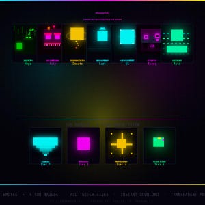 May include: A digital art graphic featuring cyberpunk-themed Twitch emotes and sub badges. The design includes various pixelated icons in vibrant colours like green, pink, yellow, and blue. Text includes "Jackin Hype", "Tilt", "huper Coin Donate", and "Signal Tier 1".