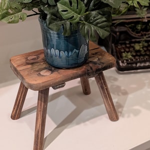 May include: A small, rustic wooden stool with three legs. The stool is supporting a blue ceramic pot filled with green leafy plants. The wood has a natural, aged appearance.