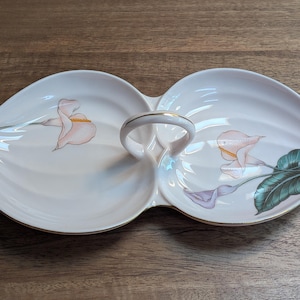 Vintage Porcelain Double Leaf Dish with Calla Lily Motif and Gold Trim