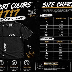 May include: A black Comfort Colors 1717 heavyweight t-shirt with a size chart. The chart shows measurements in inches and centimeters for unisex fit sizes S to 3XL. The shirt has a relaxed fit and is garment-dyed.