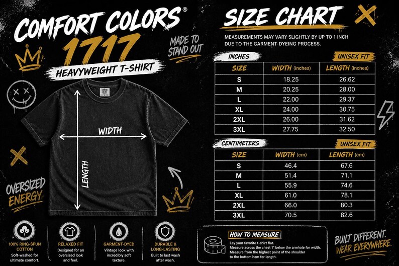 May include: A black Comfort Colors 1717 heavyweight t-shirt with a size chart. The chart shows measurements in inches and centimeters for unisex fit sizes S to 3XL. The shirt has a relaxed fit and is garment-dyed.