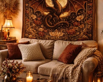 Gothic Dragon Moon Blanket, Dark Fantasy Floral Tapestry Throw