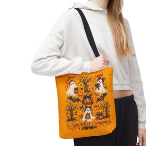 Spooky Ghost Pumpkin Tote Bag, Halloween Haunted Forest Design