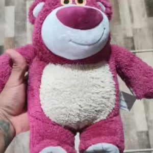 May include: A plush, pink bear with a white belly, a large pink nose, and small, yellow eyes. The bear has a friendly smile and is holding a tag. The bear's feet are light blue. This stuffed animal is a popular character.