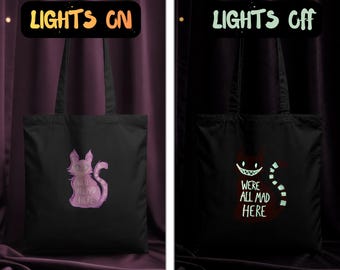 Glow in the Dark Embroidered Cheshire Cat Tote Bag, Eco-Friendly Canvas, Cat Lover Alice in Wonderland Gift