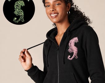 Glow in the Dark Embroidered Tiger Zipper Hoodie, Cat Lover Gift
