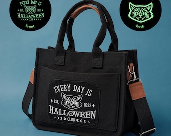 Every Day Is Halloween Canvas Tote Bag, Glow in the Dark Embroidery, Crossbody Purse, Halloween Handbag, Black Cat Tote