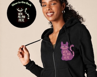 Glow in the Dark Embroidered Cheshire Cat Zipper Hoodie, Cat Lover Alice in Wonderland Gift