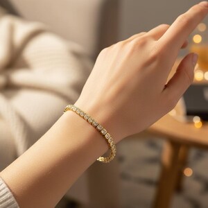 Gold Tone Stainless Steel Bracelet with Crystal Accents – Modern Elegant Rectangular Design, Gift for Her