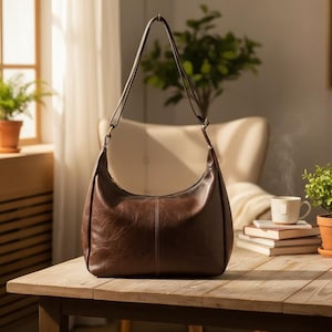 May include: A brown leather shoulder bag with a curved design. The bag has a long strap and a zipper closure. The bag is sitting on a wooden table. A cup of tea and a stack of books are on the table.