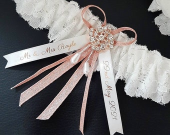 Luxury personalised wedding garter, rose pink slim bridal garter with name and date, personalised ribbon