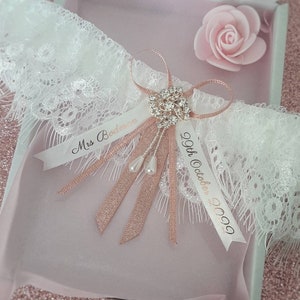 Luxury personalised wedding garter for bride, rose pink shimmer, personalised text, customise your size, rose gold gift