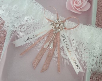 Luxury personalised wedding garter for bride, rose pink shimmer, personalised text, customise your size, rose gold gift