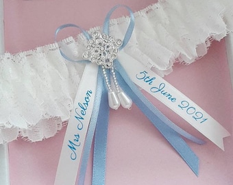 Personalised bridal garter with name and date, luxury rhinestone lace wedding garter, personalised ribbon - choose your colour