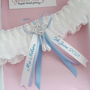 Personalised bridal garter with name and date, luxury rhinestone lace wedding garter, personalised ribbon - choose your colour