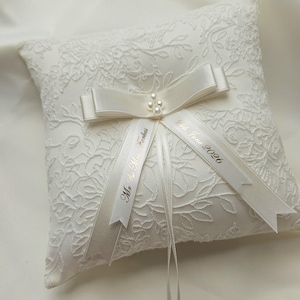 Personalised ivory wedding ring pillow, luxury pillow with pearl centre and satin ribbons with name and date image 7